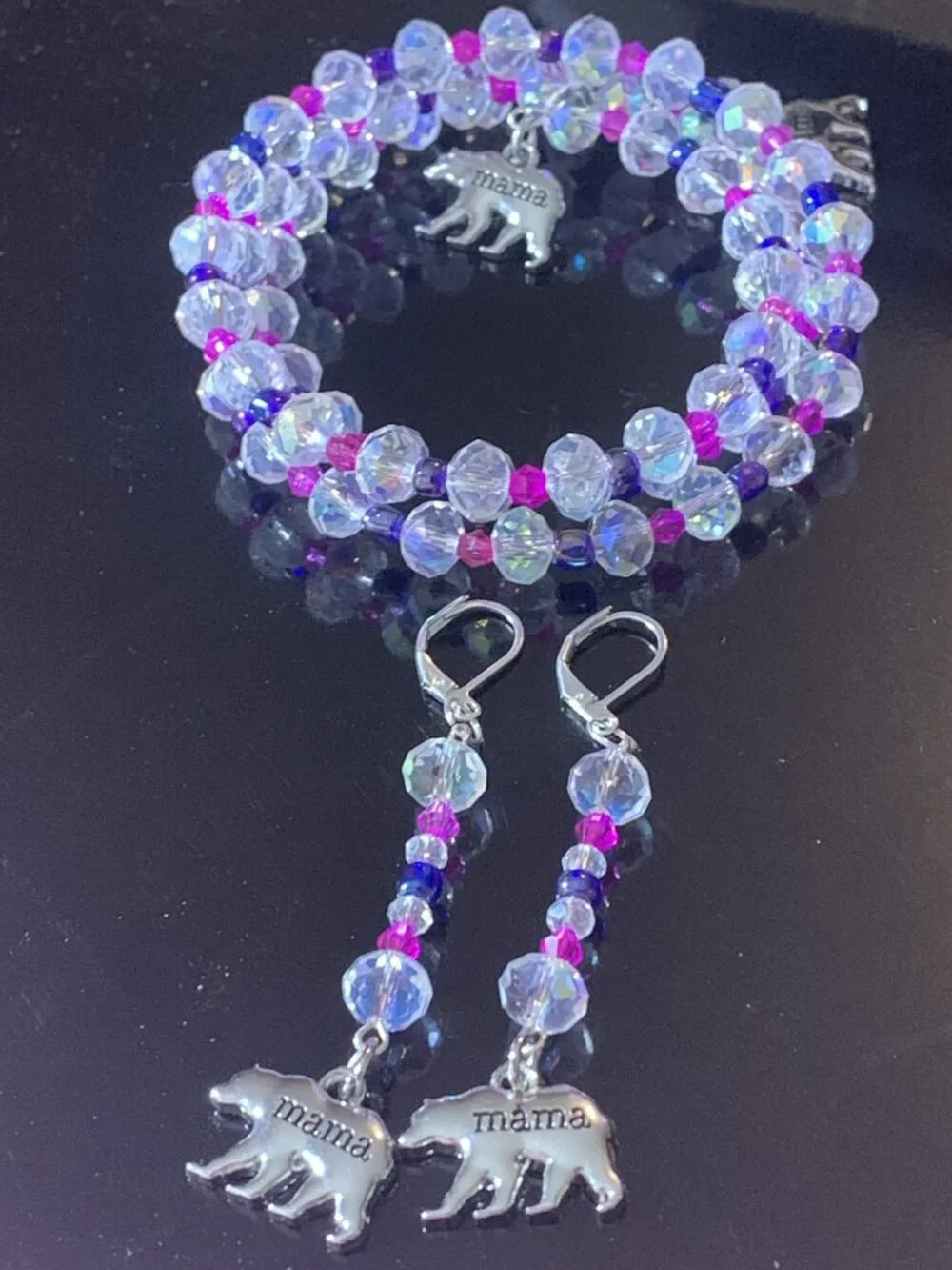 'Mama Bear' hand crafted glass coil bracelet and earrings set